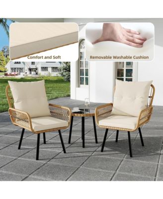 3 Piece Outdoor Wicker Patio Bistro Set, Rattan Conversation Set with Glass Top Coffee Table