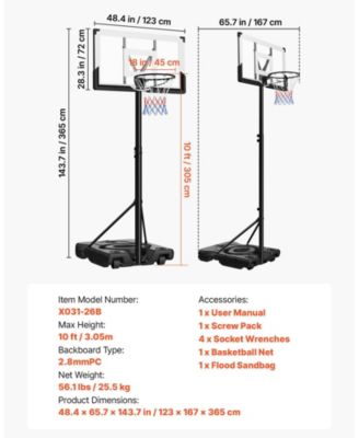 Portable Basketball Hoop, 10 ft Height Adjustable Stand with 48" PC Backboard, Rolling Wheels, Outdoor Goal System