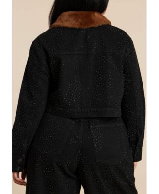 Women's Embellished Denim Jacket With Fur Collar