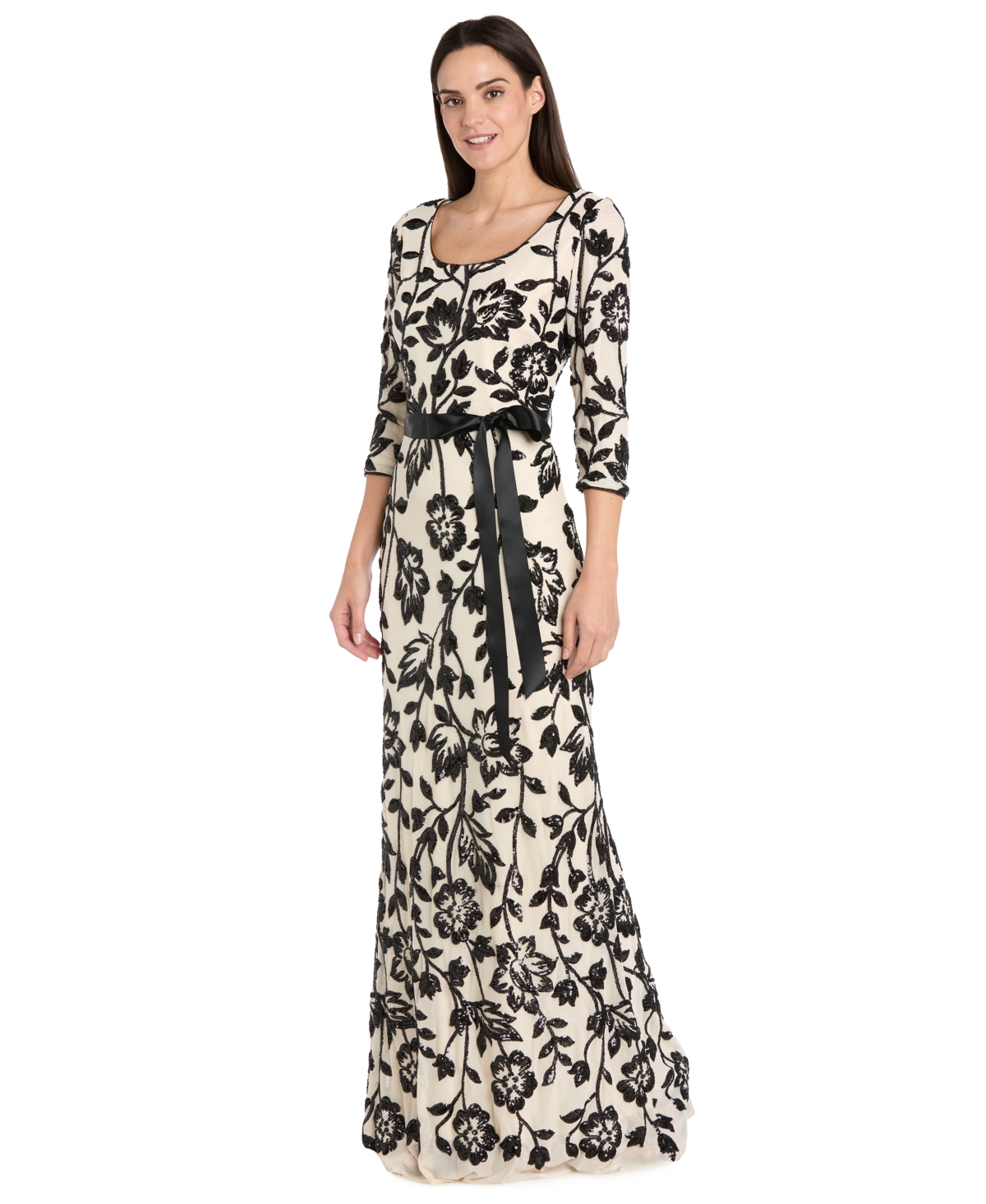 R & M Richards Petite Floral Sequin Beaded Scoop Neck Dress