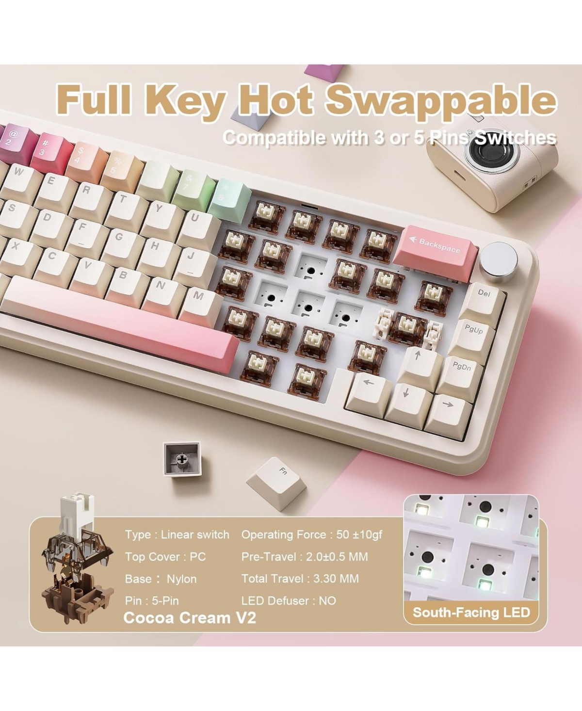 Lofree B68 Wireless Mechanical Keyboard,Tri-Mode BT5.0/2.4GHz/Usb-c,Cute Pbt Keycaps,Hot Swappable Creamy Typing Gasket (Cocoa Cream V2 Switch)