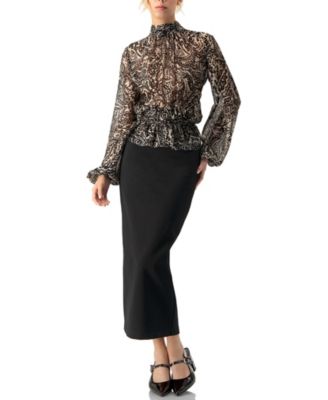 Women's High Neck See-Through Paisley Blouse