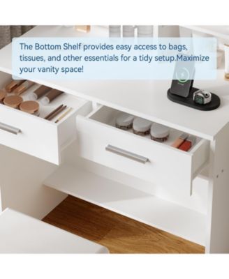 Makeup Vanity with Mirror and Lights, Vanity Desk with Charging Station, Drawers, Open Shelves Cabinet, and Chair Bedroom Dressing Table Set