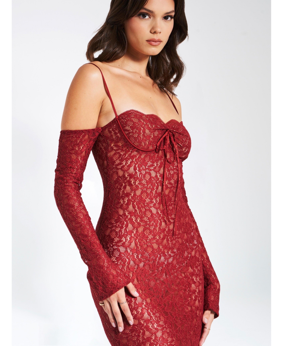 Miss Circle Women's Udaya Burgundy Lace Long Sleeve Maxi Dress