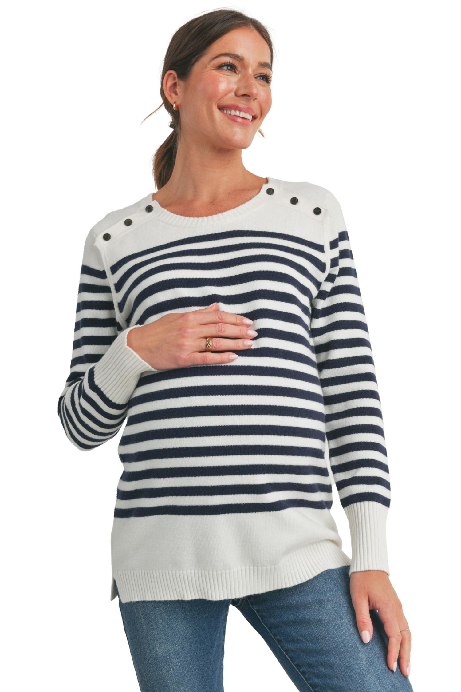 Maternity Striped Button Shoulder Nursing Sweater