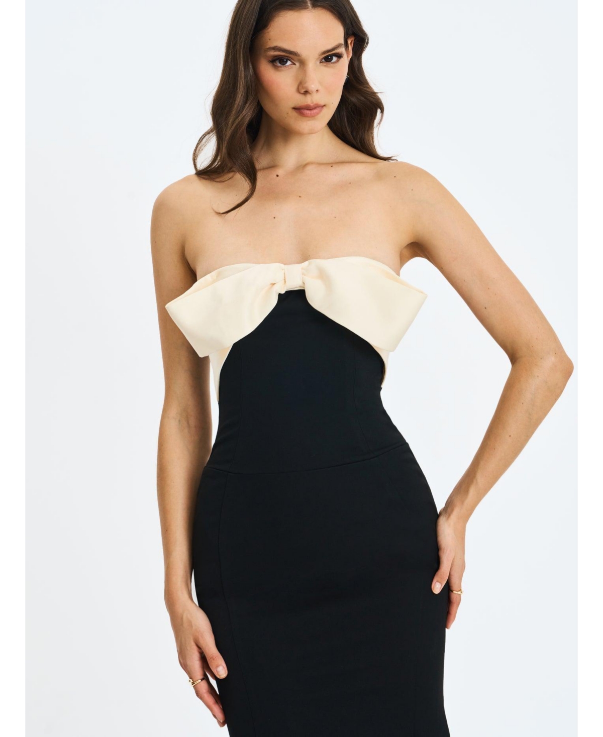 Miss Circle Women Saige Black Mermaid Maxi Dress with Ivory Bow Bustline