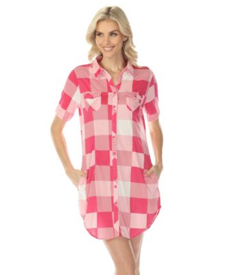 Women's Short Sleeve Plaid Button-Down Shirt Dress