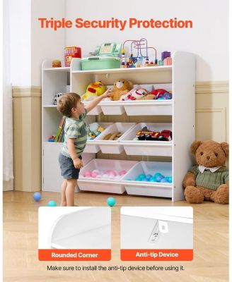 Kids Toy Storage Organizer with Bookshelf, 4-Tier Cubby Cabinet with 8 Flexible Plastic Bins, Toy & Book Storage, White