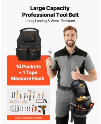 Tool Pouch with Belt, 14 Pockets Heavy-Duty Tool Belt Pouch, Detachable Adjustable Utility Work Bag, Waist 32–50 in