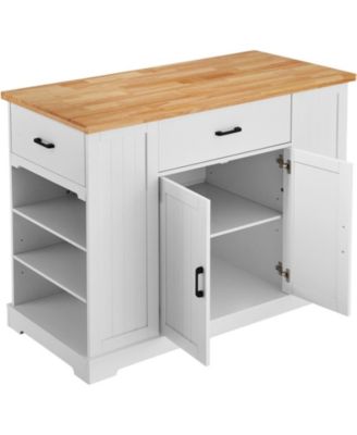 46" MDF, Rubberwood Kitchen Island Cart with Wood Top, Storage Cabinet, Adjustable Shelf, Drawer, Farmhouse Rolling Table