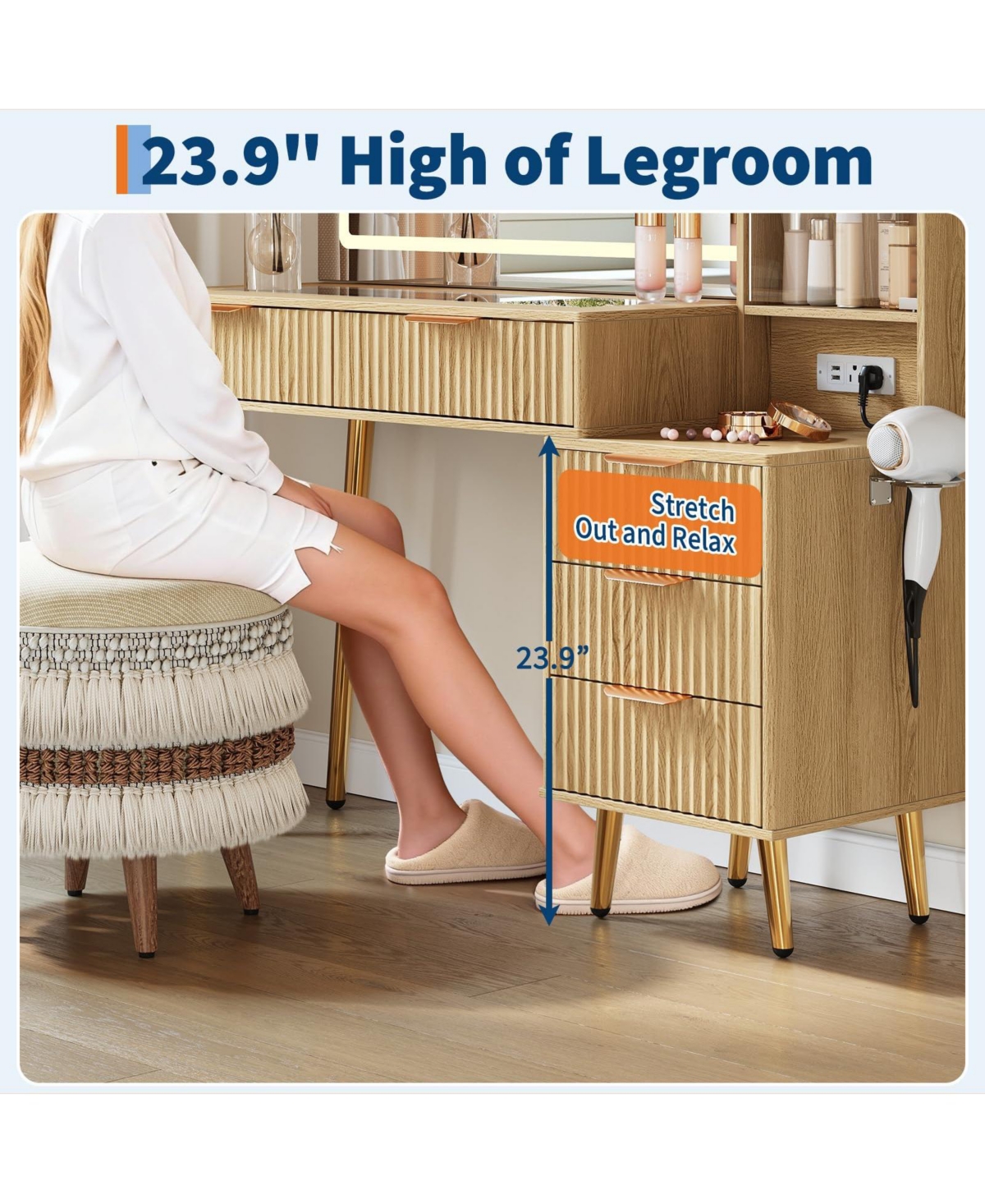 Gaomon 48" Makeup Vanity Desk with Glass Top, Led Mirror & Lights, 5 Drawers, Power Outlet – Modern Fluted Bedroom Design