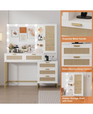 Vanity Benches, Modern Makeup Vanity Desk with Adjustable Mirror, Built in Charging Station