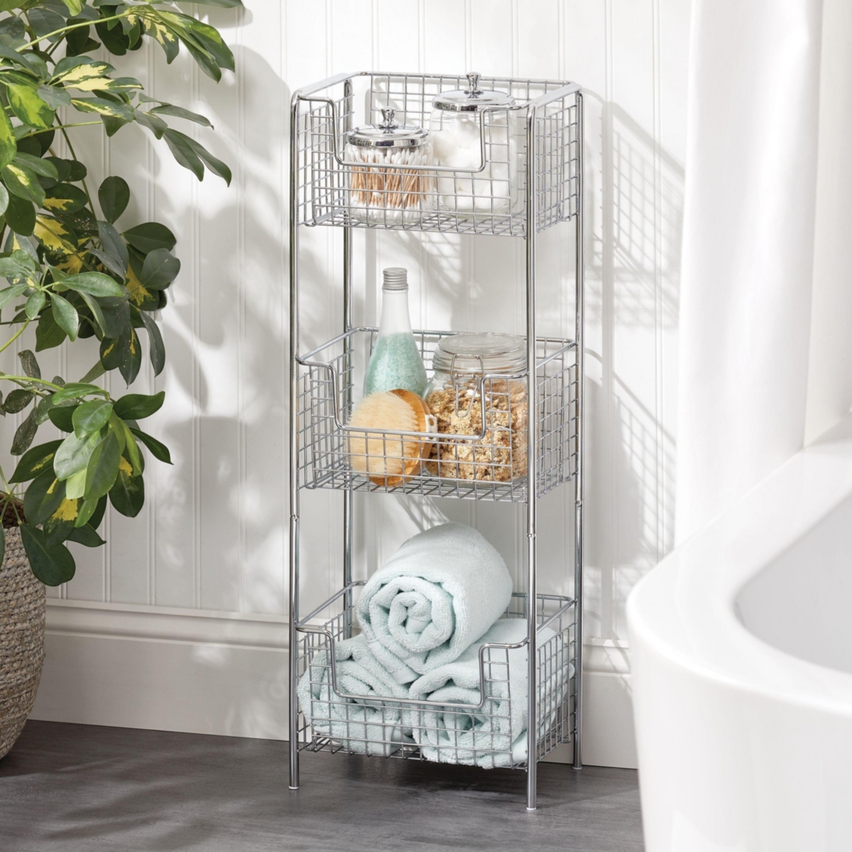 mDesign Steel Freestanding 3-Tier Storage Organizer Tower with Baskets - Chrome