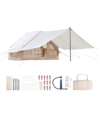 Inflatable Camping Tent, 3-5 Person, Hand Pump Included, 300D Oxford 4-Season Tent with Canopy, Stove Jack, 2 Doors, 2 Mesh Windows