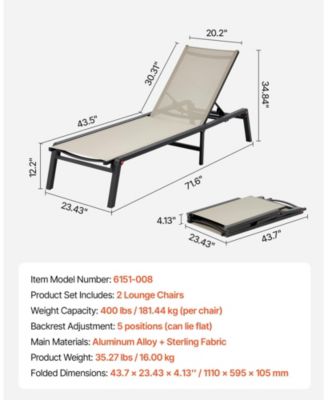 Set of 2 Outdoor Chaise Lounge Chairs, 400 lbs Capacity, Foldable Sun Tanning Chairs with 5 Adjustable Positions, Aluminum