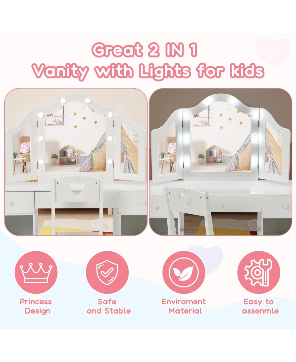 gaomon Kids Vanity Set with Mirror, 2-in-1 Wooden Toddler Vanity Table with Stool, Tri-Folding Mirror & Drawer, Removable Top
