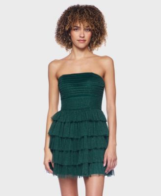 Juniors' Strapless Side-Shirred Tiered Glitter Mini Dress