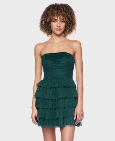 Женские платья Alex & Sophia B Darlin Juniors' Strapless Side-Shirred Tiered Glitter Mini, цвет: Тёмный зелёный