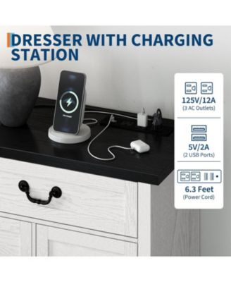 9-Drawer Farmhouse Engineered Wood Dresser, Built-In Charging Station, Anti-Tip Device, Bedroom, Black