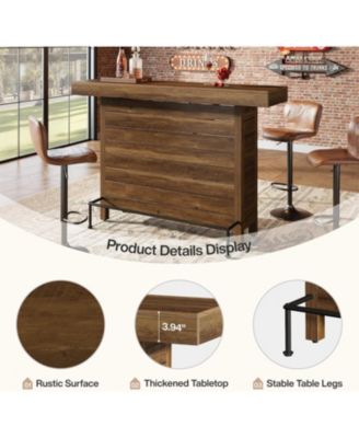 Industrial 3-Tier Bar Table, 63" Wooden Rectangular Home Bar Unite, Modern Counter Height Pub Table with Storage Shelves and Metal Footrest