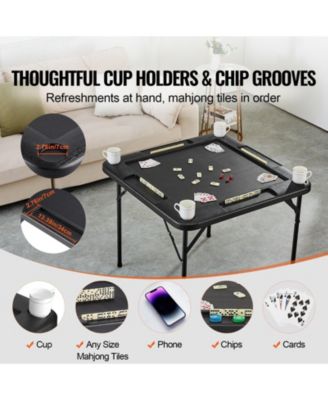 Folding Mahjong Table for 4 Players with Cup Holders & Chip Trays, Portable Square Card Table, Black