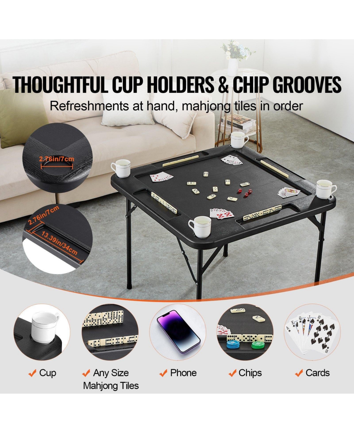 Mecale Folding Mahjong Table for 4 Players with Cup Holders & Chip Trays, Portable Square Card Table, Black