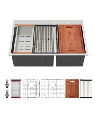 33x22x10inch Topmount Double Bowl Kitchen Sink 16 Gauge 60 and 40 Split Brushed Nickel