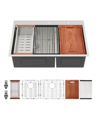 36x22x10inch Topmount Double Bowl Kitchen Sink 16 Gauge Stainless Steel Split Brushed Nickel