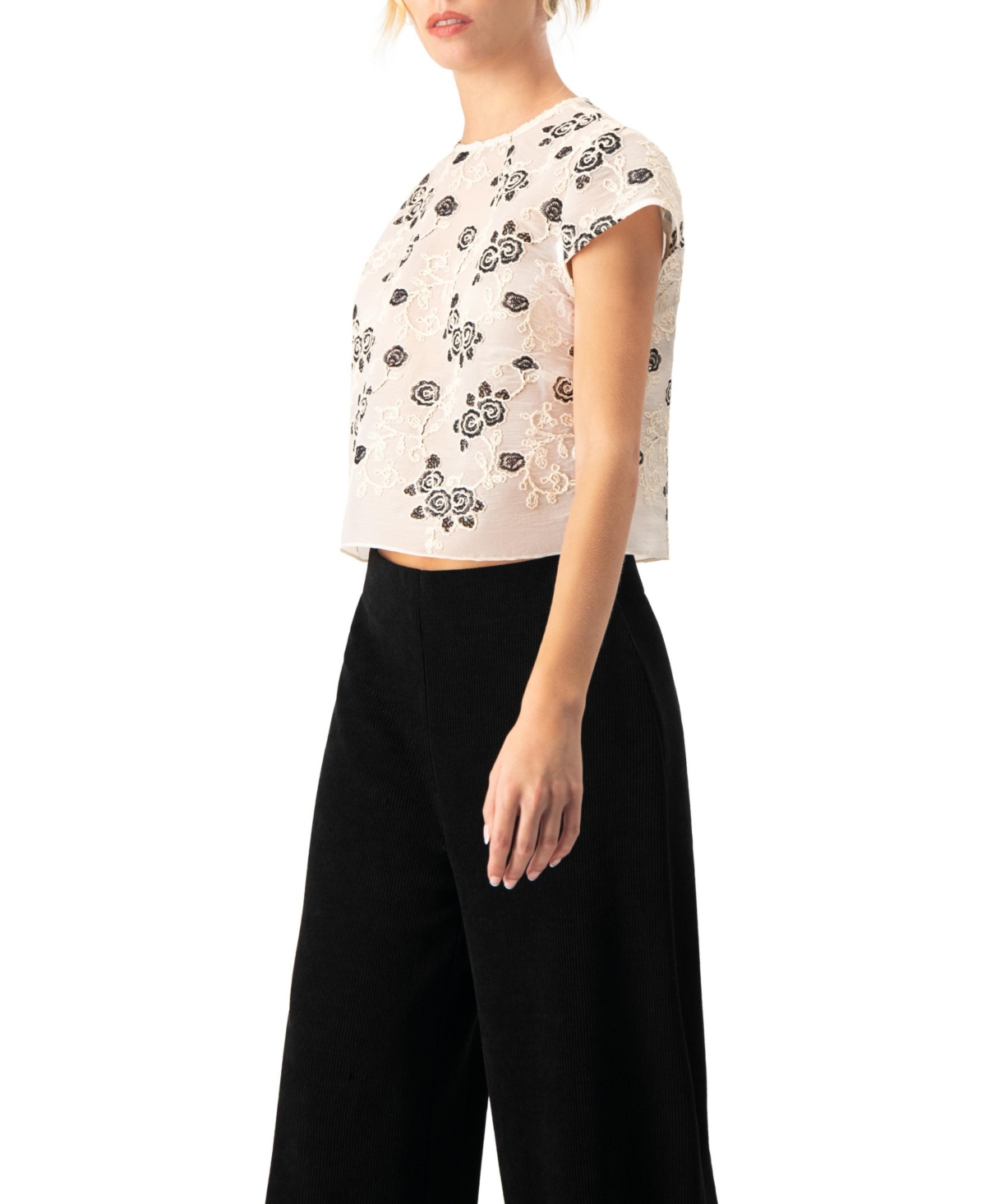 Ivonne Women's Floral Embroidered See-Though Crop Top