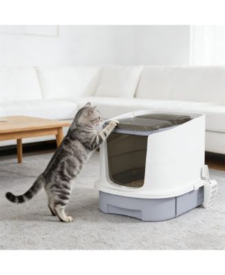 Covered Cat Litter Box in Grey and White