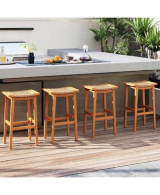 Set of 2 Outdoor Acacia Wood Bar Stools with Rattan Seats