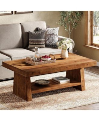Solid Wood Coffee Table, 47-Inch Farmhouse Coffee Table with Storage, 2-Tier Rectangular Center Furniture