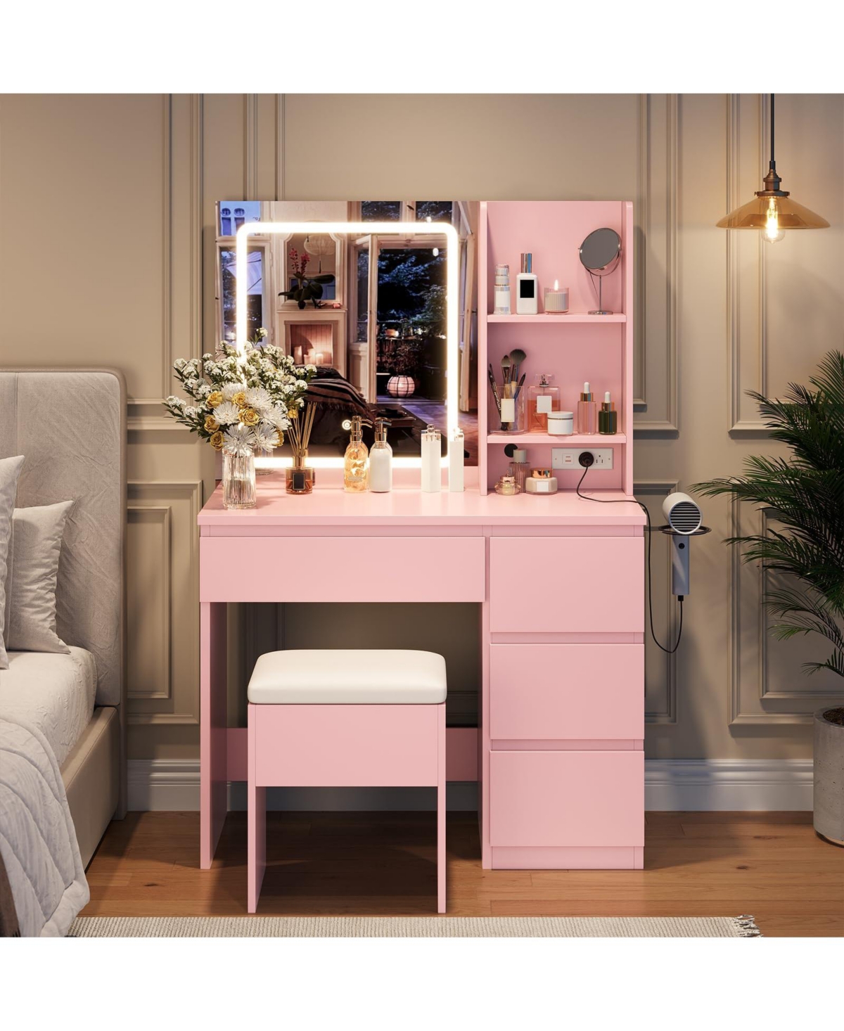 gaomon Makeup Vanity Desk with Lighted Mirror, Dressing Table Set 4 Drawers, Power Outlet, Storage Shelves