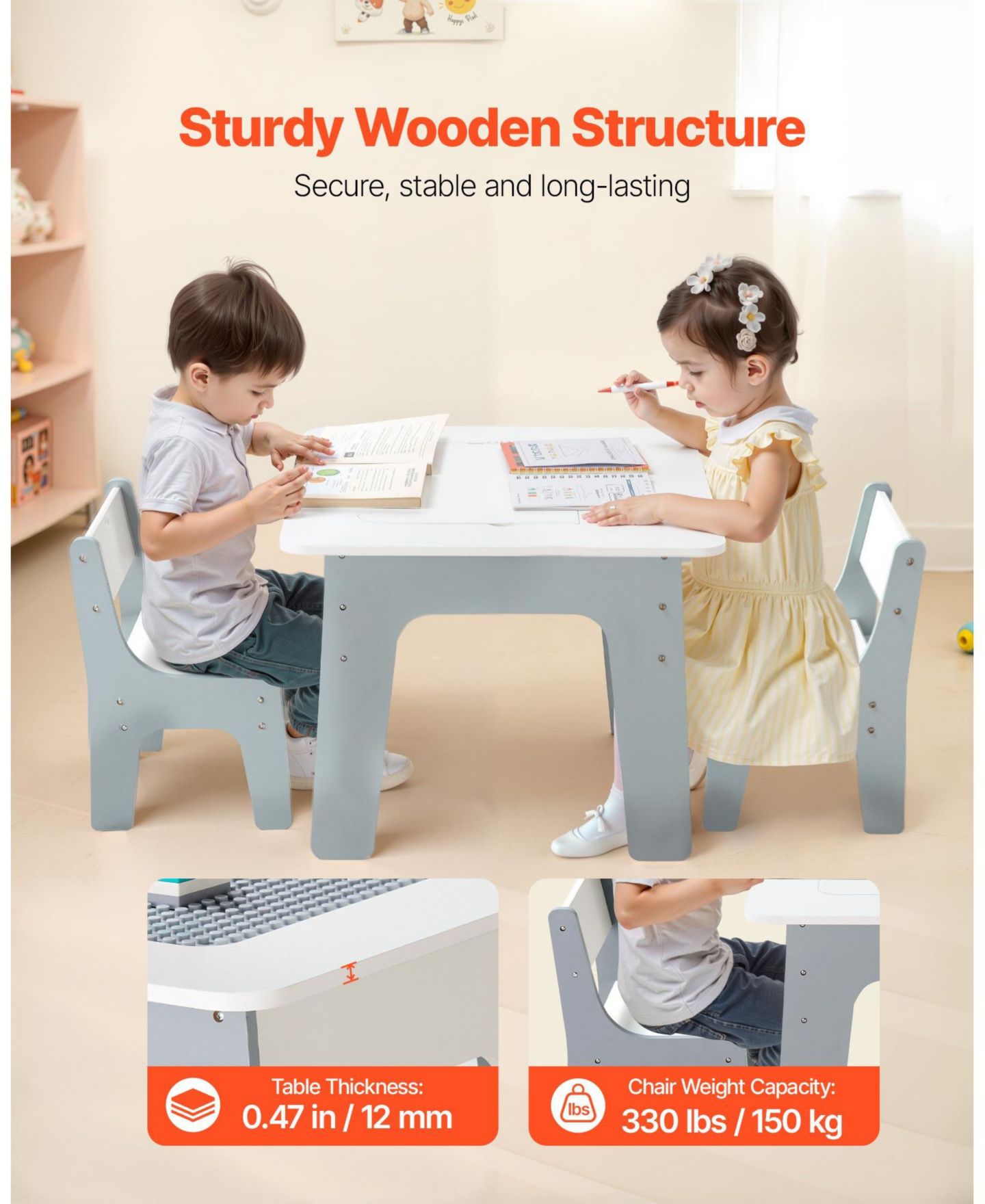 Детские игрушки HONGGE Kids Activity Play Table with Storage and Reversible Desktop, 3-Piece Set, Ages 3+, цвет: Серый — фото 8