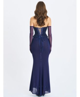 Women's Orabelle Navy Beaded Peplum Mermaid Gown with Lace-up Back