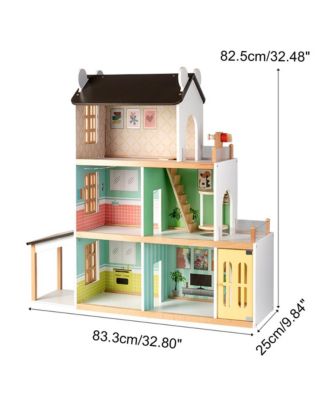 Light-Up Dollhouse for Girls, 3-Story Wooden House with Balcony & Furniture