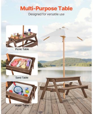 Kids Picnic Table with Umbrella, 3-in-1 Sand and Water Table, Wooden Table and Bench Set with 2 Trays, Seats 4