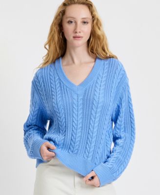 Women's Ryland Blue Cable Knit V-Neck Sweater