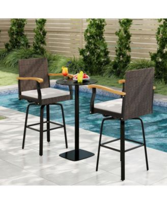 Patio Swivel Bar Stool with Acacia Wood Armrests and Cushion