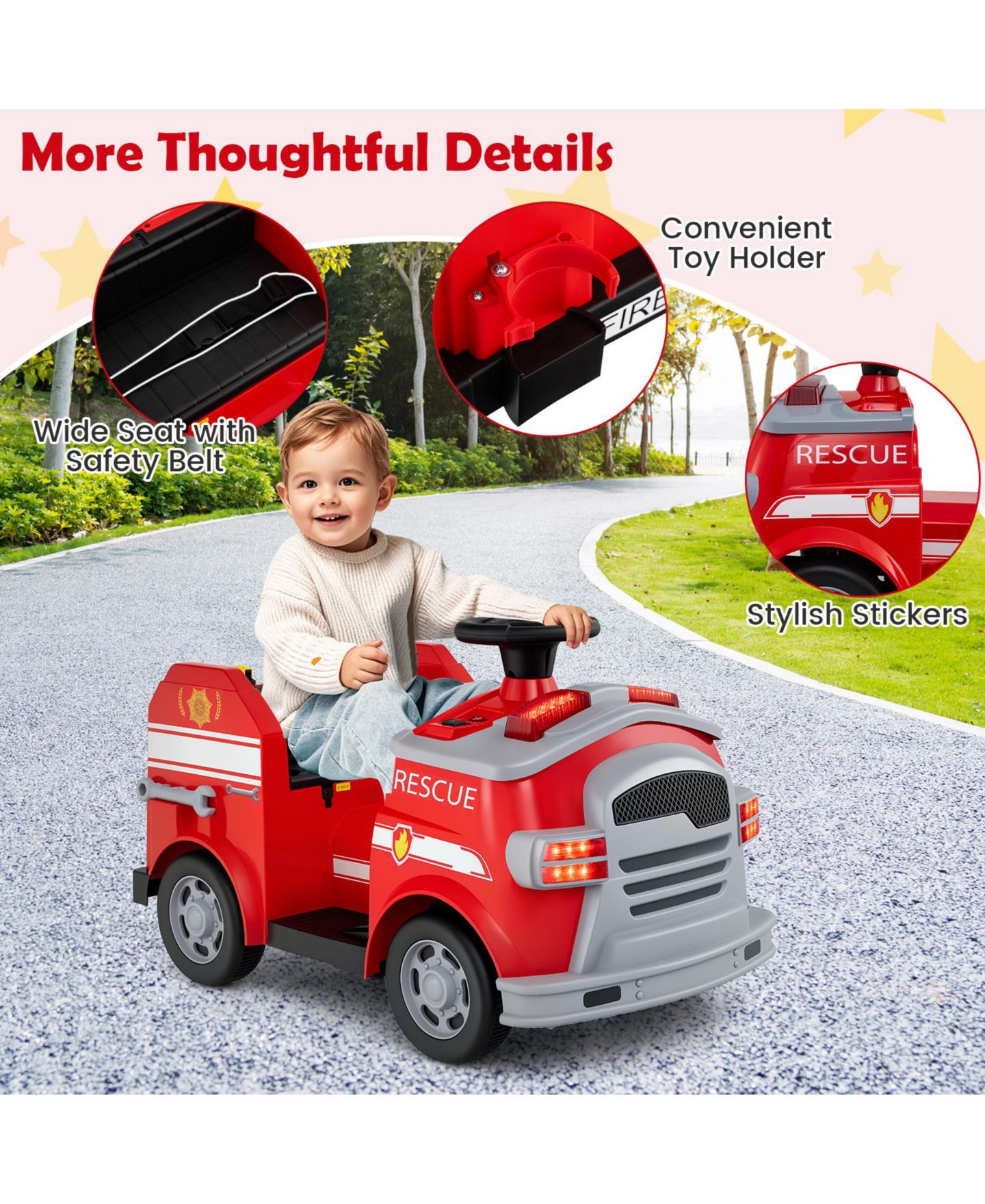 Детская игрушка HONGGE Electric Fire Truck Ride-On with Remote Control, 34"L x 19"W x 20.5"H, Ages 3+, цвет: Красный — фото 6