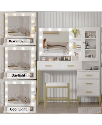 Large Makeup Vanity Desk Mirror LED Lights Charging Station Stool Drawers and Storage Shelves for Bedrooms, Apartments
