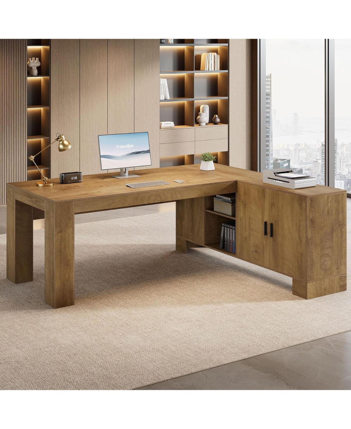 Tribesigns L-Shaped Executive Desk, 78-Inch Office Desk with Storage Cabinet and 2-Tier Shelf, Large Wooden Computer Writing Table