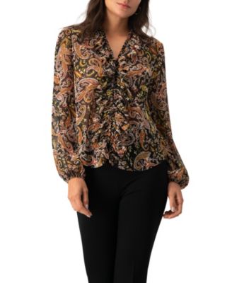 Women's V-Neck Ruffle Trim Printed Blouse