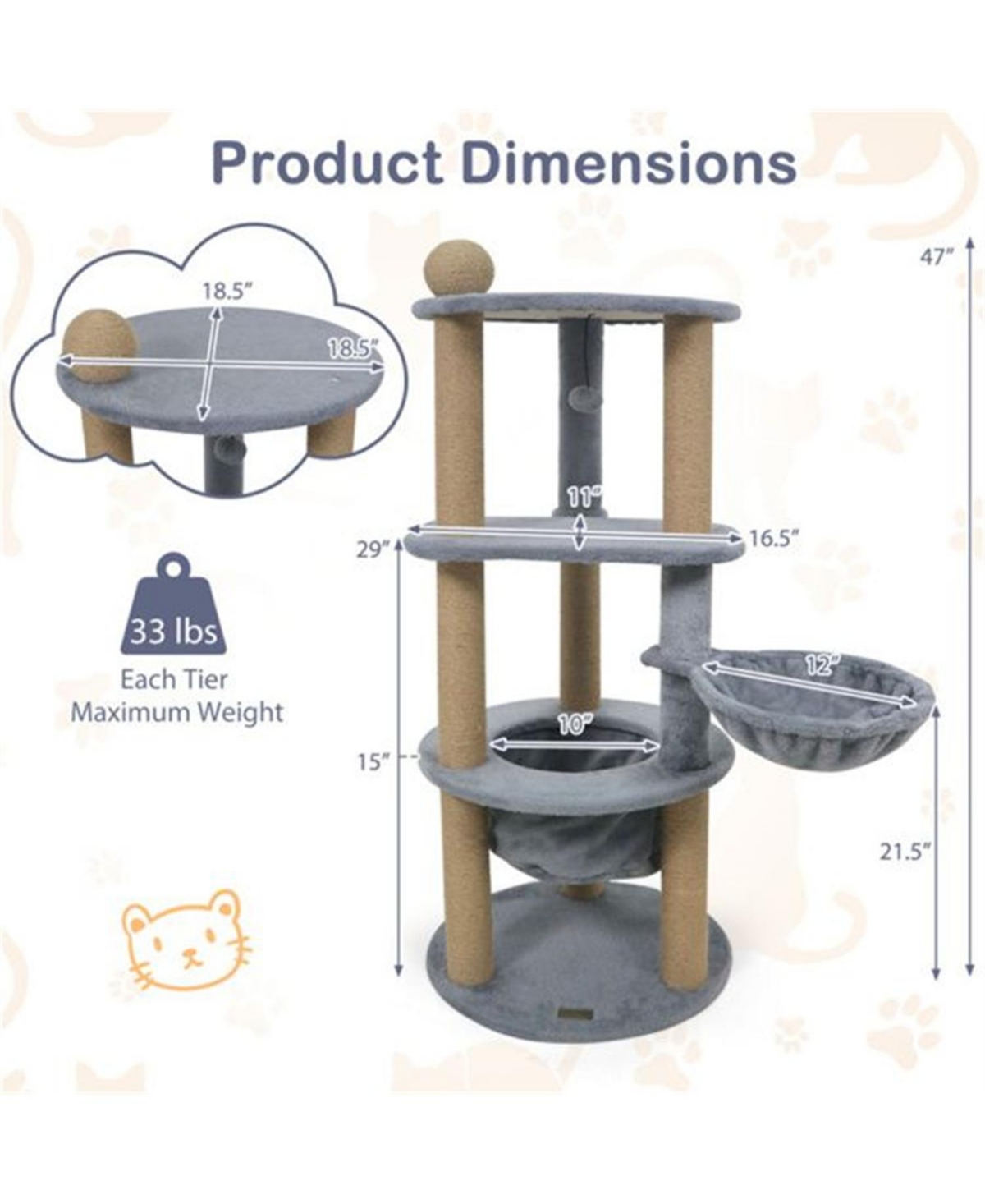 Aostirmotor 47"Tall Multi-Level Cat Tree with Scratching Posts in Light Grey