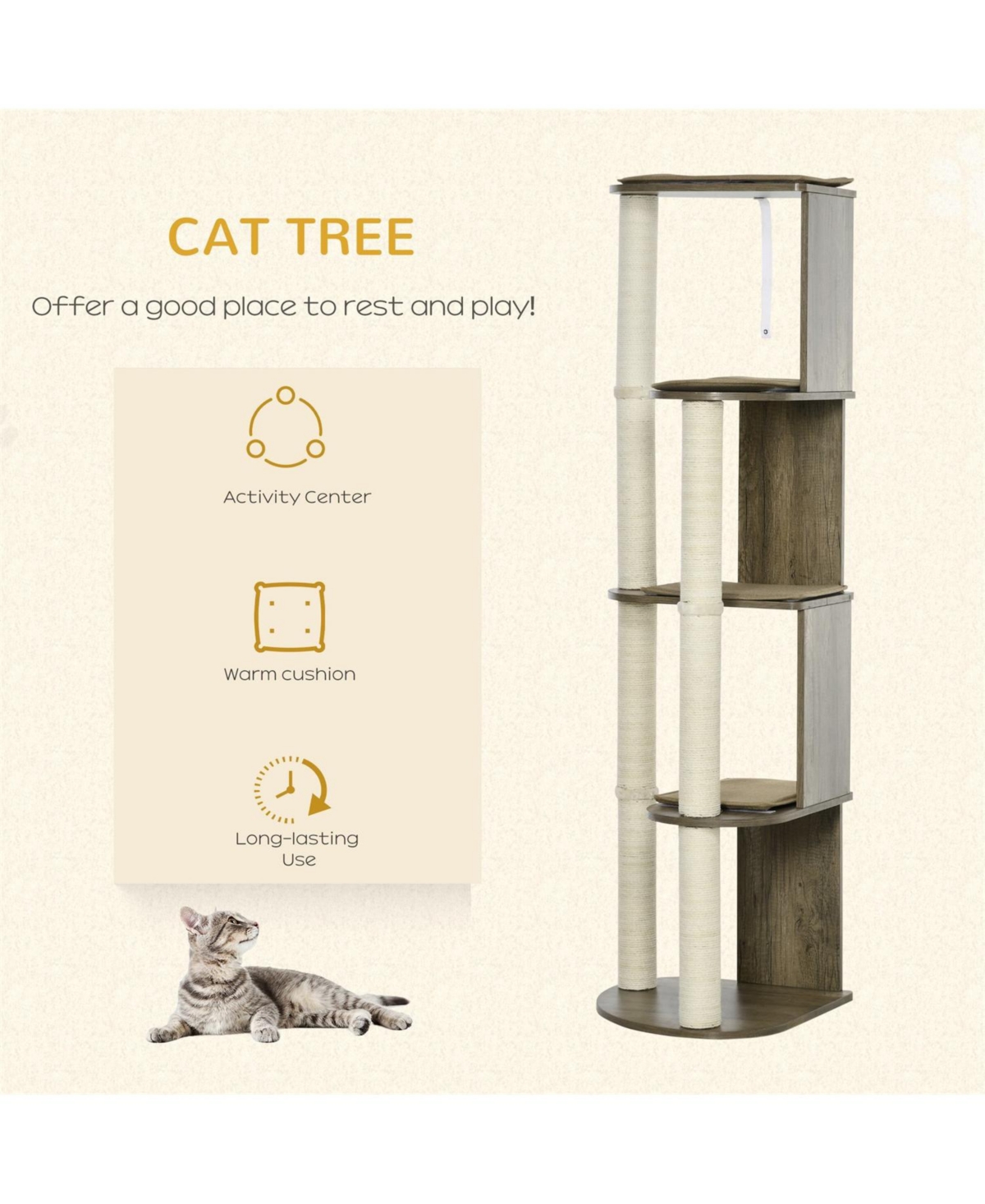 Aostirmotor 65" Tall Large Multilevel Cat Tower with Scratching Posts in Cream White