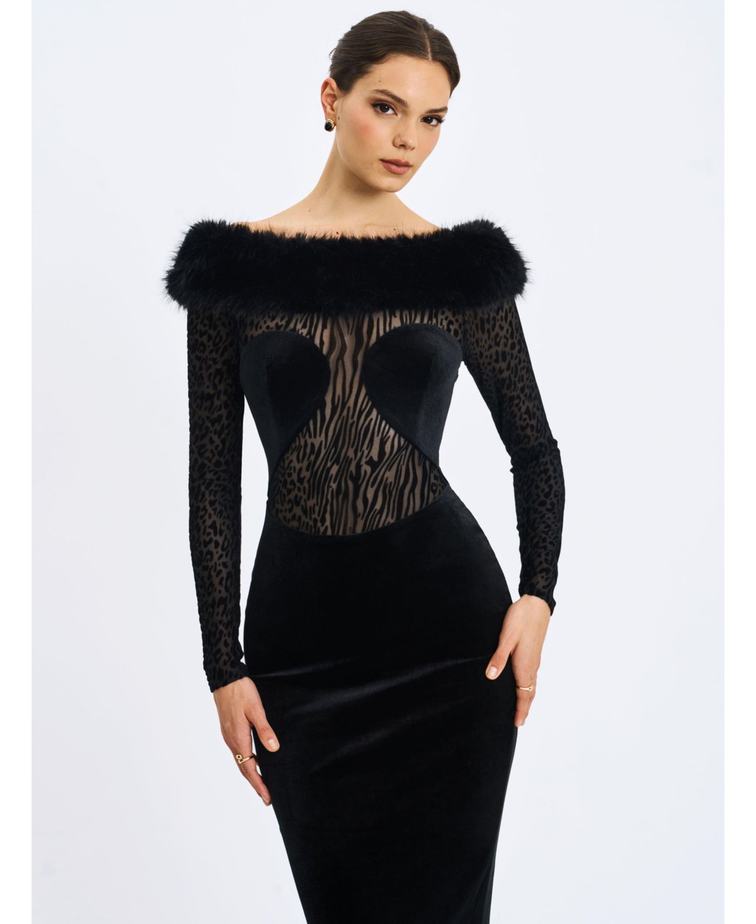 Women's Alexis Black Animal Print Faux Fur Boatneck Maxi Dress