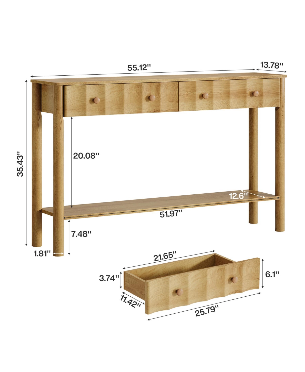 Tribesigns Console Table with 2 Drawers, 55-Inch Fluted Entryway Table, Modern Narrow Sofa Table with Open Shelf, Accent Console Furniture