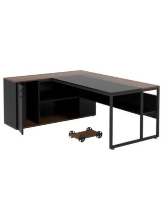 71 inch Executive Desk, L Shaped Desk with Cabinet Storage, Executive Office Desk with Shelves, Business Furniture Workstation