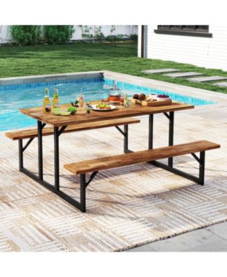 Outdoor Acacia Wood Picnic Table with 2 Benches for 6 Person