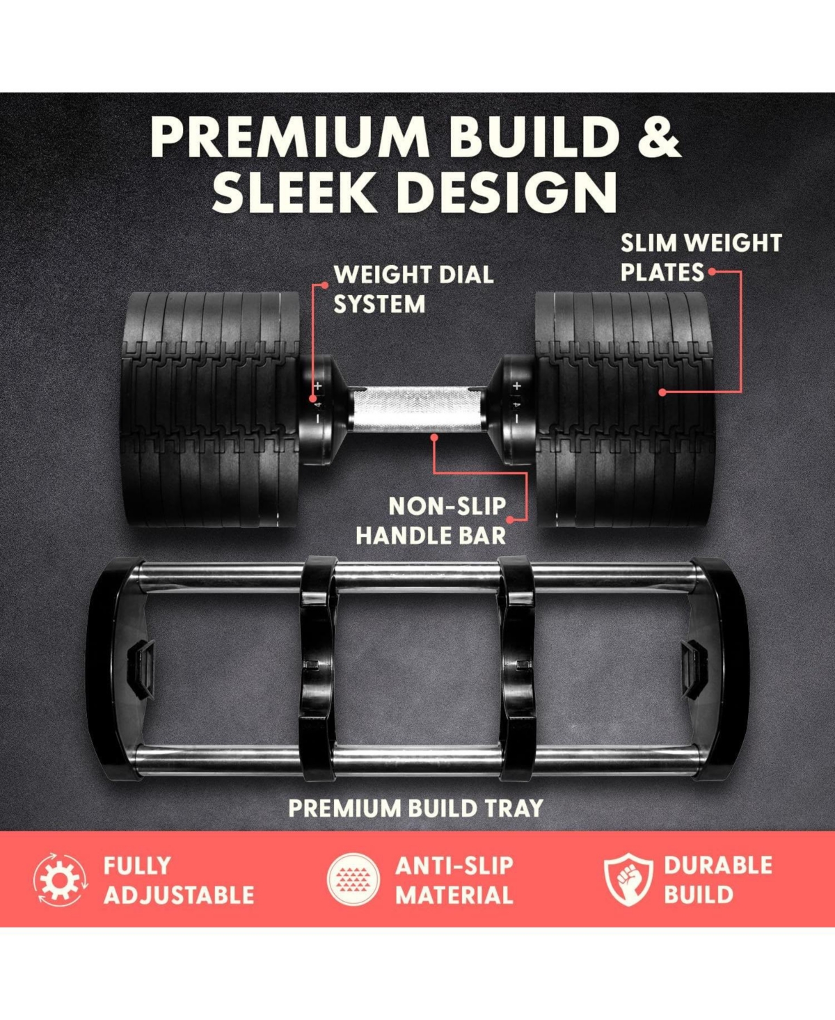 Squatz Adjustable Dumbbell, 9-in-1 Weight Options Fitness Equipment with Anti-Slip Metal Handle